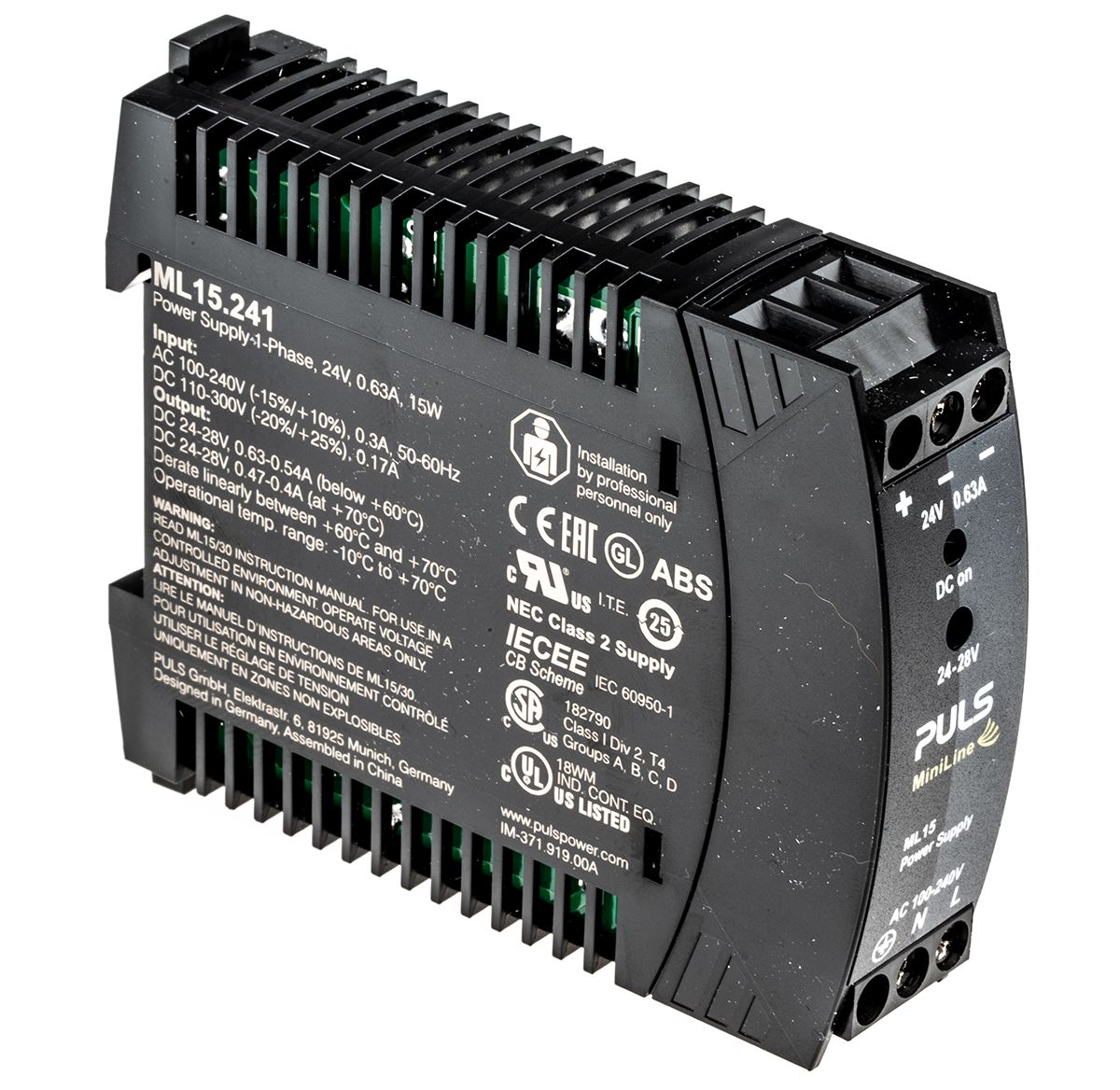 PULS MiniLine MLY Switch Mode DIN Rail Power Supply, 100 → 240V ac ac, dc Input, 24V dc dc Output, 630mA Output,