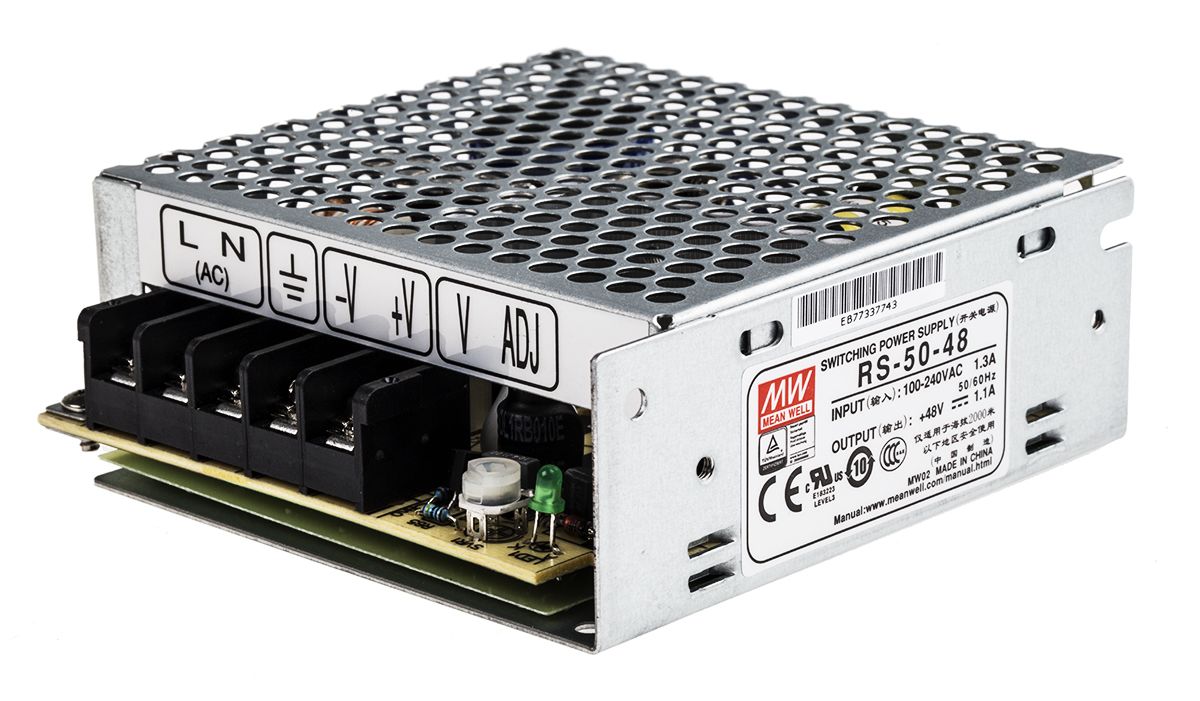 RS5048 Mean Well Enclosed, Switching Power Supply, 48V dc, 1.1A, 52