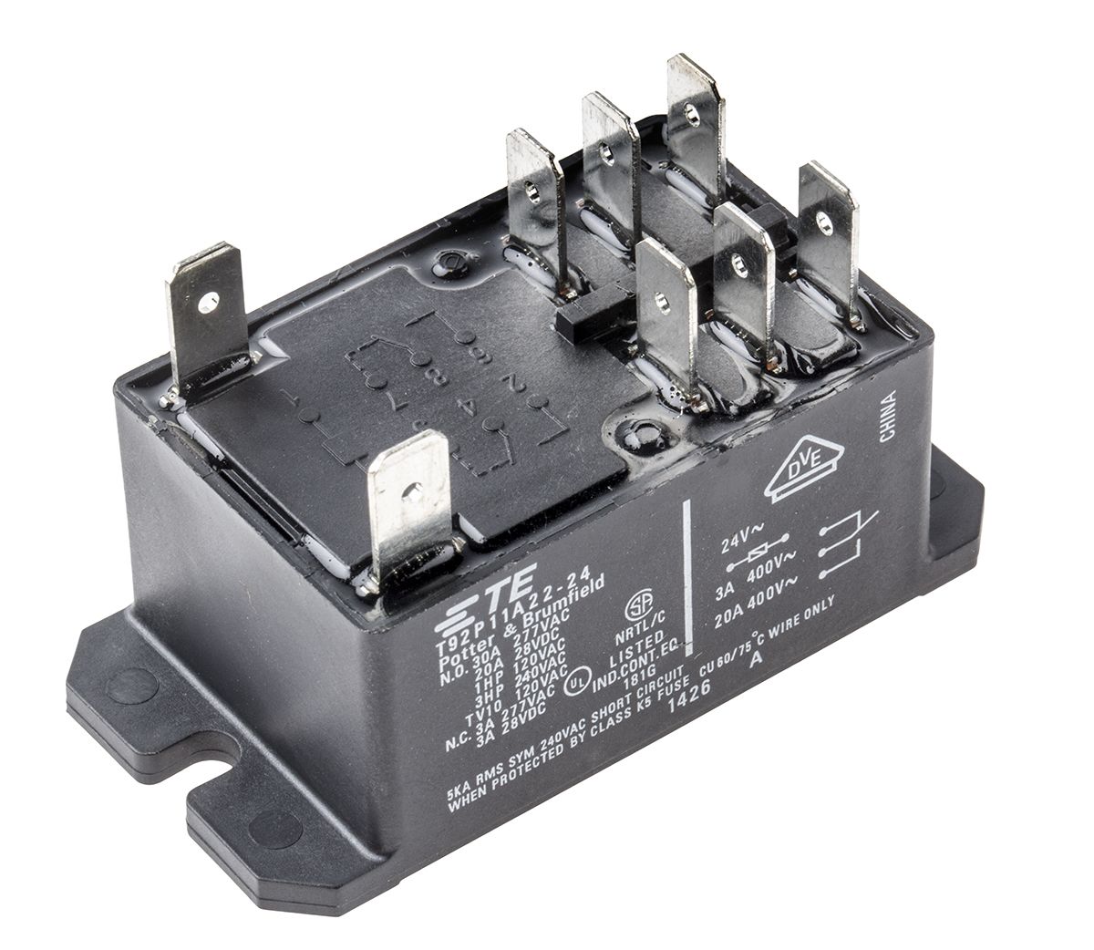 T92P11A2224=T92 TE Connectivity Flange Mount Power Relay, 24V ac