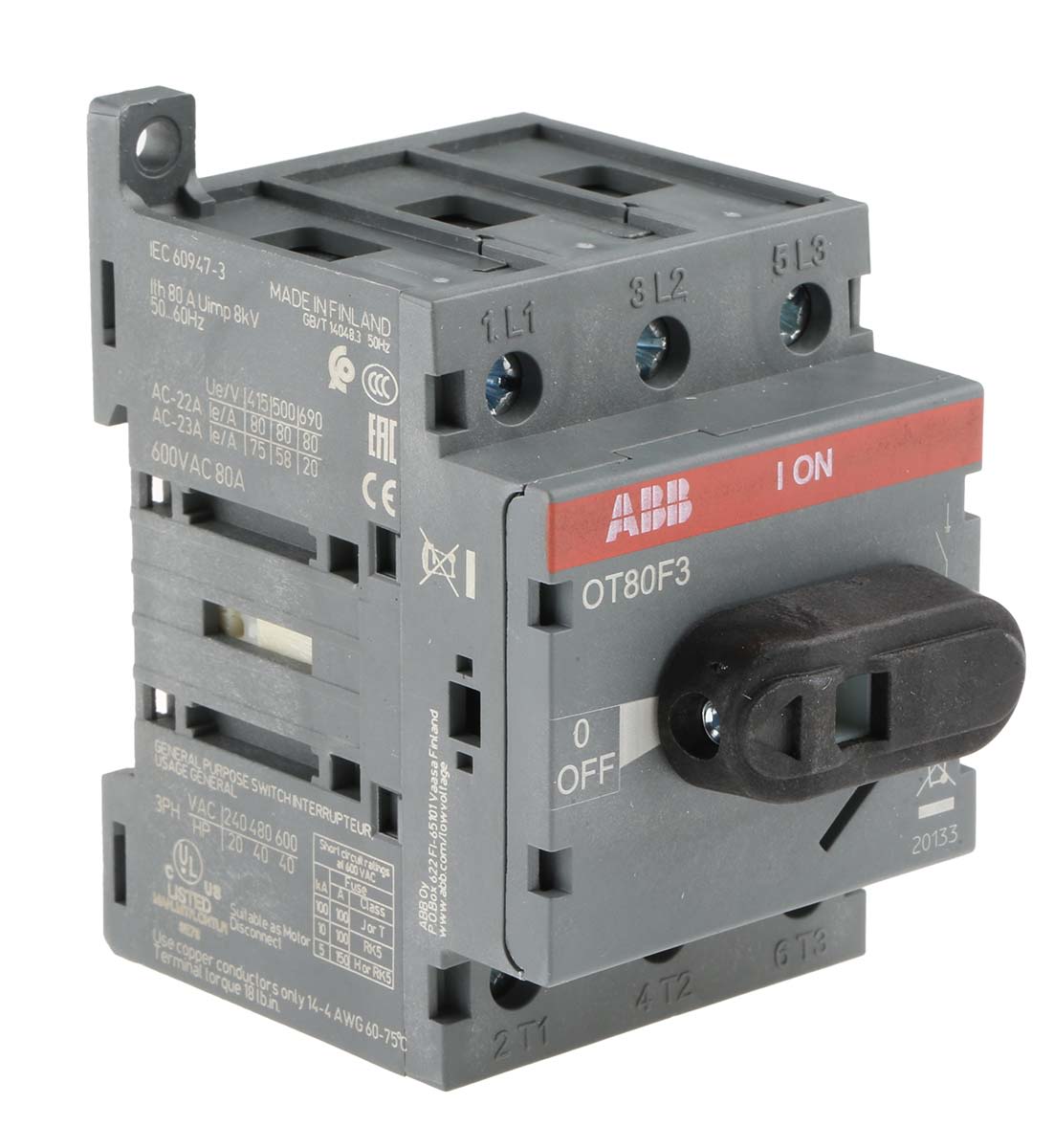 ABB 3P Pole Isolator Switch - 80A Maximum Current, 37kW Power Rating, IP20