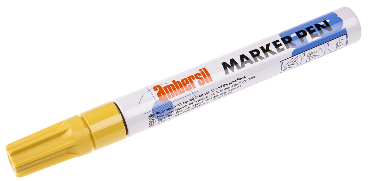 Pennarello marcatore Giallo Ambersil, punta media da 3mm, compatibile con Cartone, vetro, metallo, carta, plastica,