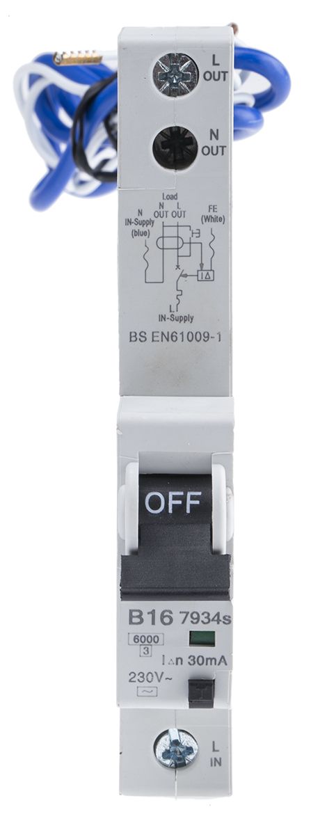 MK Electric Type B Residual Current Circuit Breaker with Overload Protection - 1P, 6 kA Breaking Capacity, 16A Current