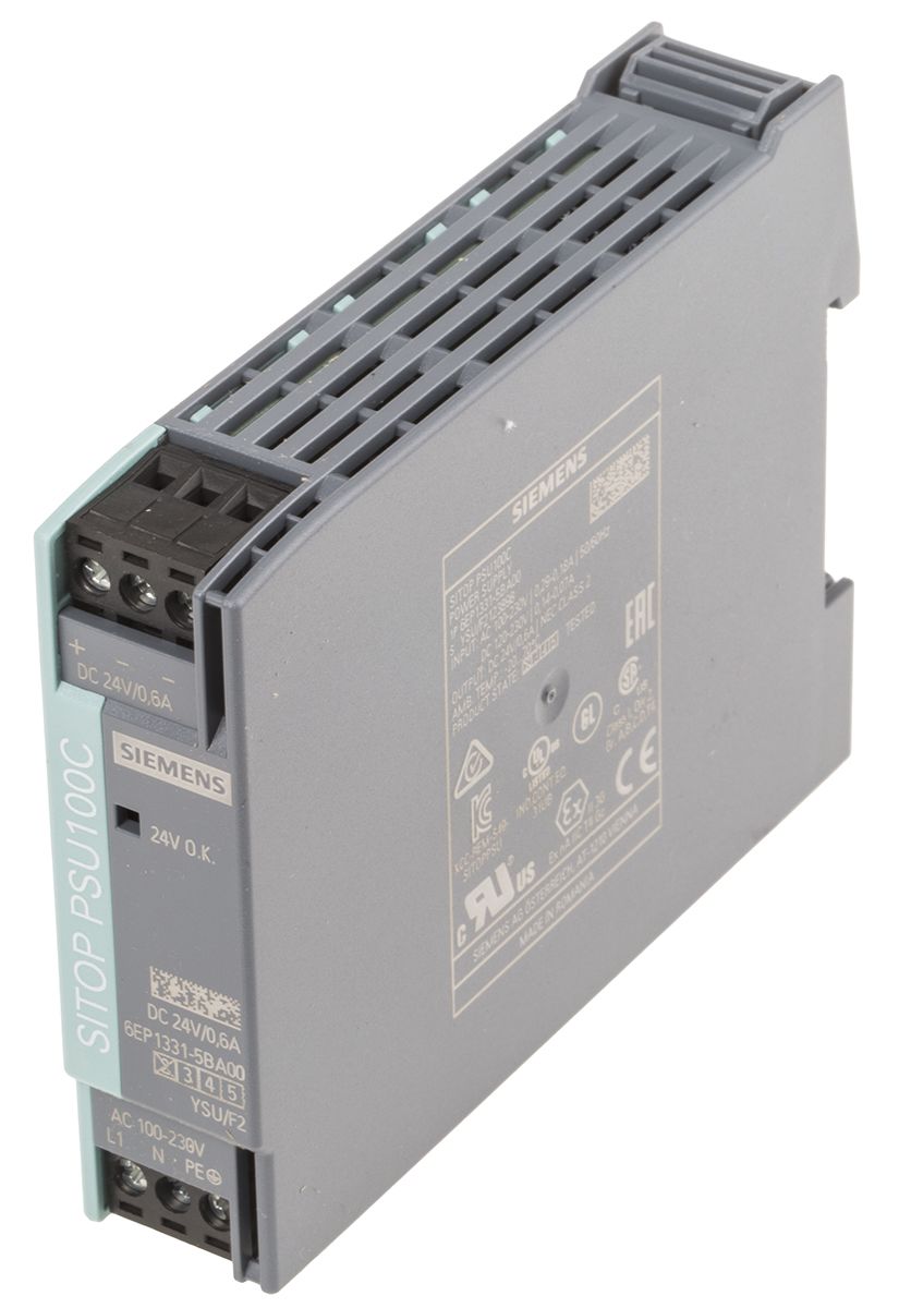 Siemens SITOP PSU100C Switch Mode DIN Rail Power Supply, 85 → 264V ac ac, dc Input, 24V dc dc Output, 600mA