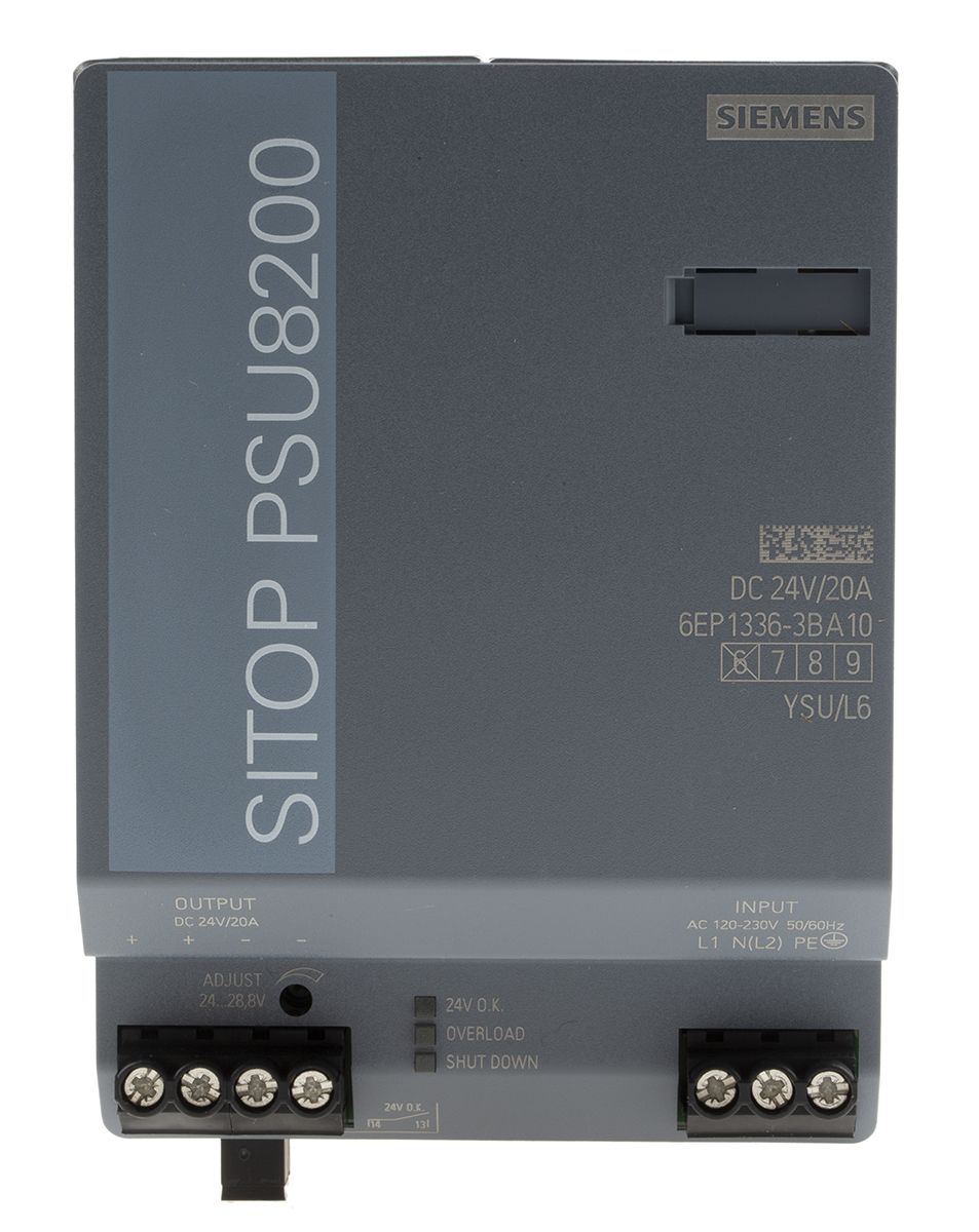 Siemens SITOP PSU8200, 1, 2-Phasen DIN-Schienen Netzteil 480W, 85 → 275V ac, 24V dc / 20A