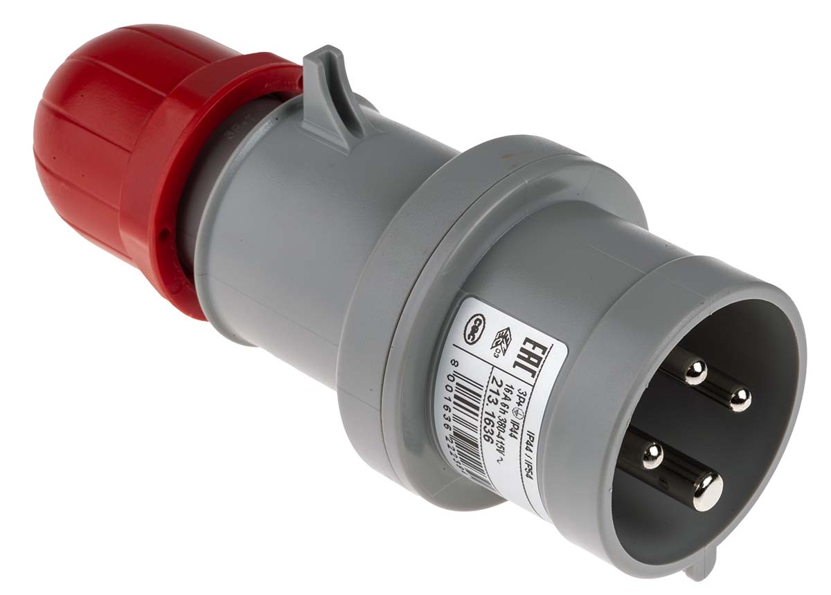 Conector de potencia industrial Macho, Formato 3P+E, Orientación Recta, Rojo, 415 V, 16A, IP44