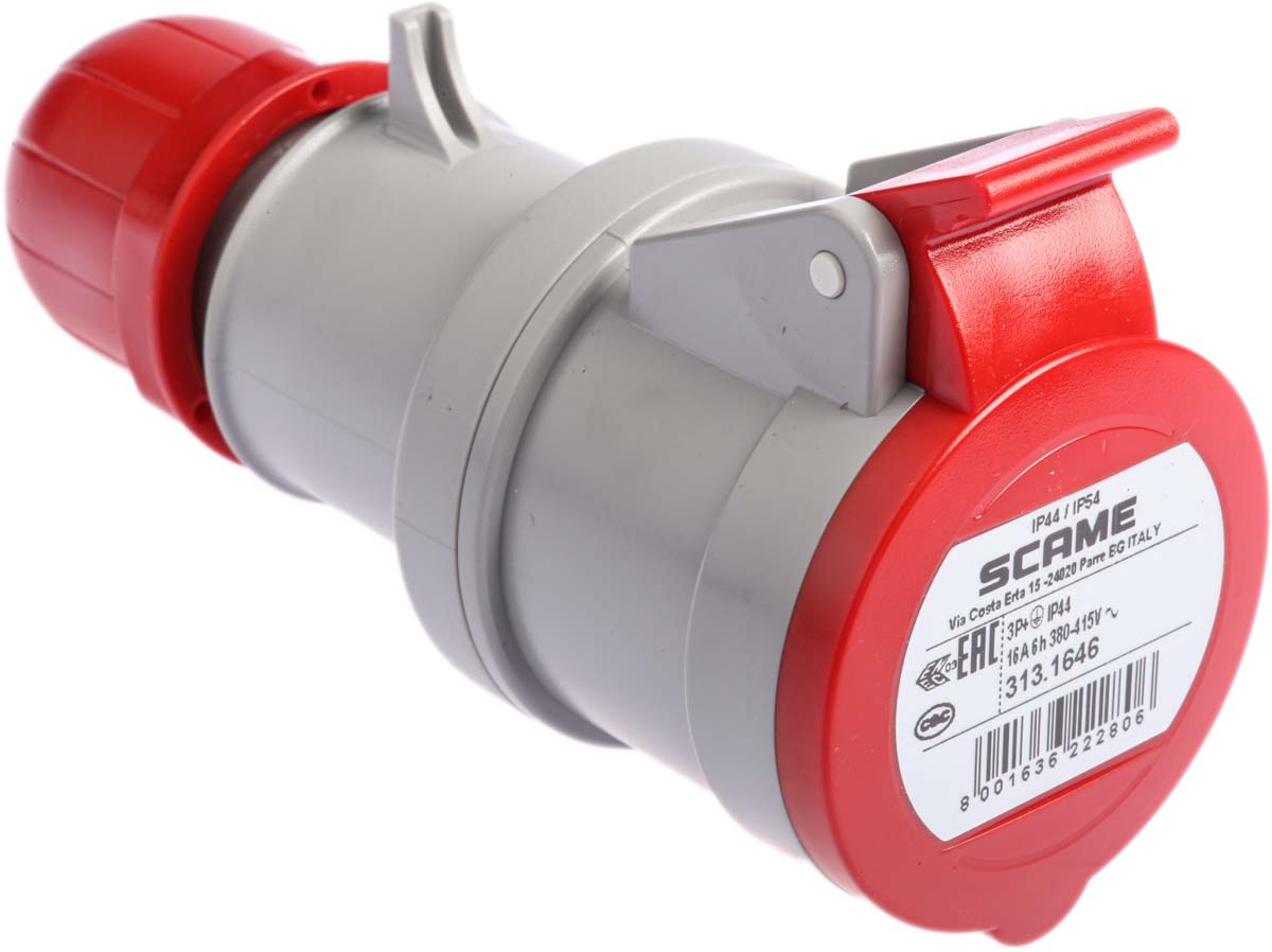 Conector de potencia industrial Hembra, Formato 3P+E, Orientación Recta, Rojo, 415 V, 16A, IP44