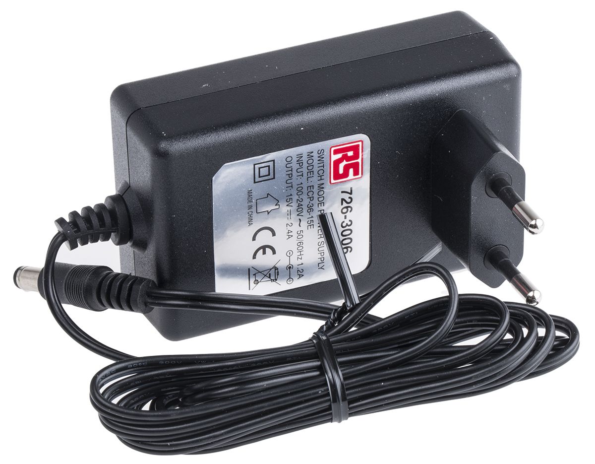 RS PRO 36W AC/DC Adapter 15V dc Output, 2.4A Output