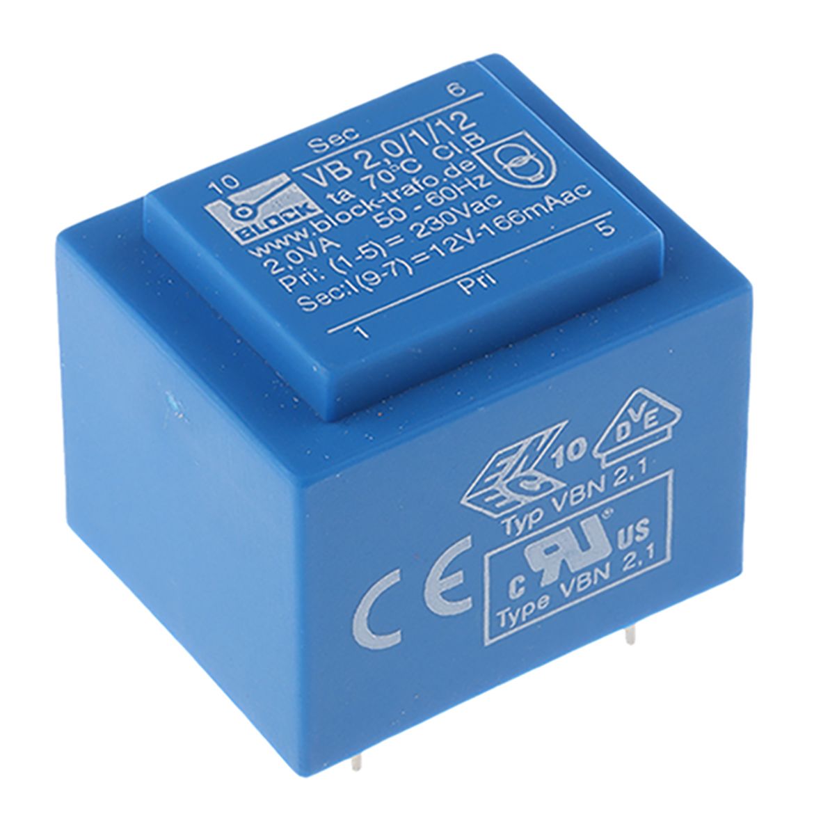 Transformateur pour circuit imprimé Block, 12V c.a., 230V c.a., 2VA, 1 sortie