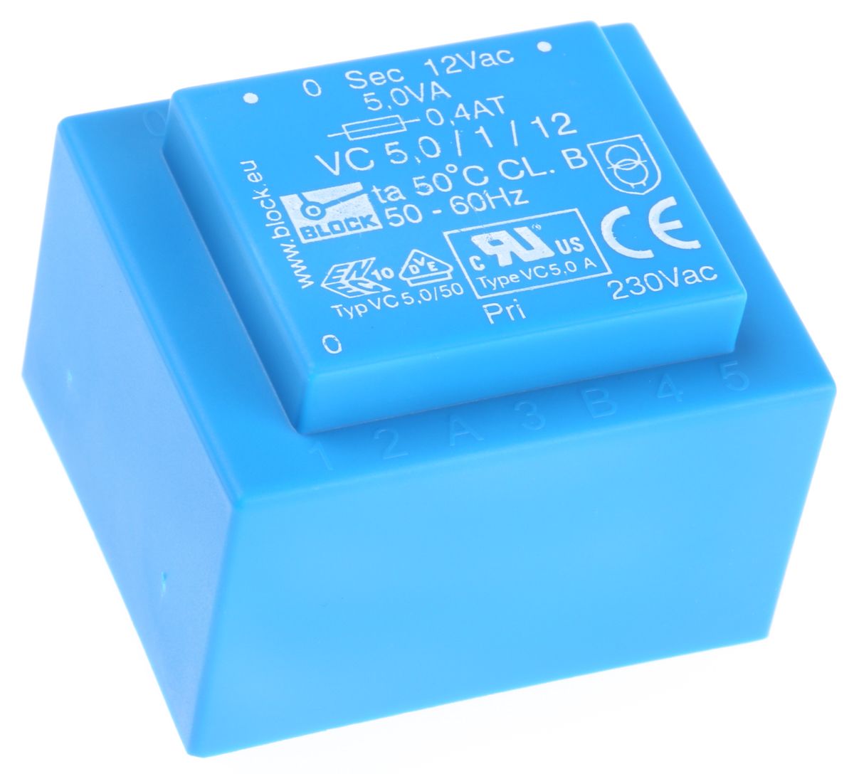 Transformateur pour circuit imprimé Block, 12V c.a., 230V c.a., 5VA, 1 sortie