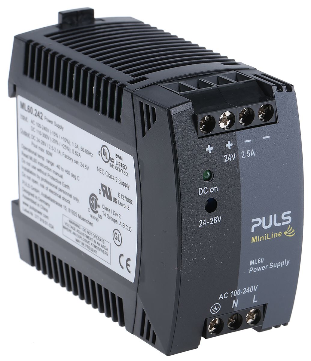 PULS MiniLine MLY DIN-Schienen Netzteil, 100 → 240V ac, 24V dc / 2.5A 60W Typ Switch Mode 1-Phasen
