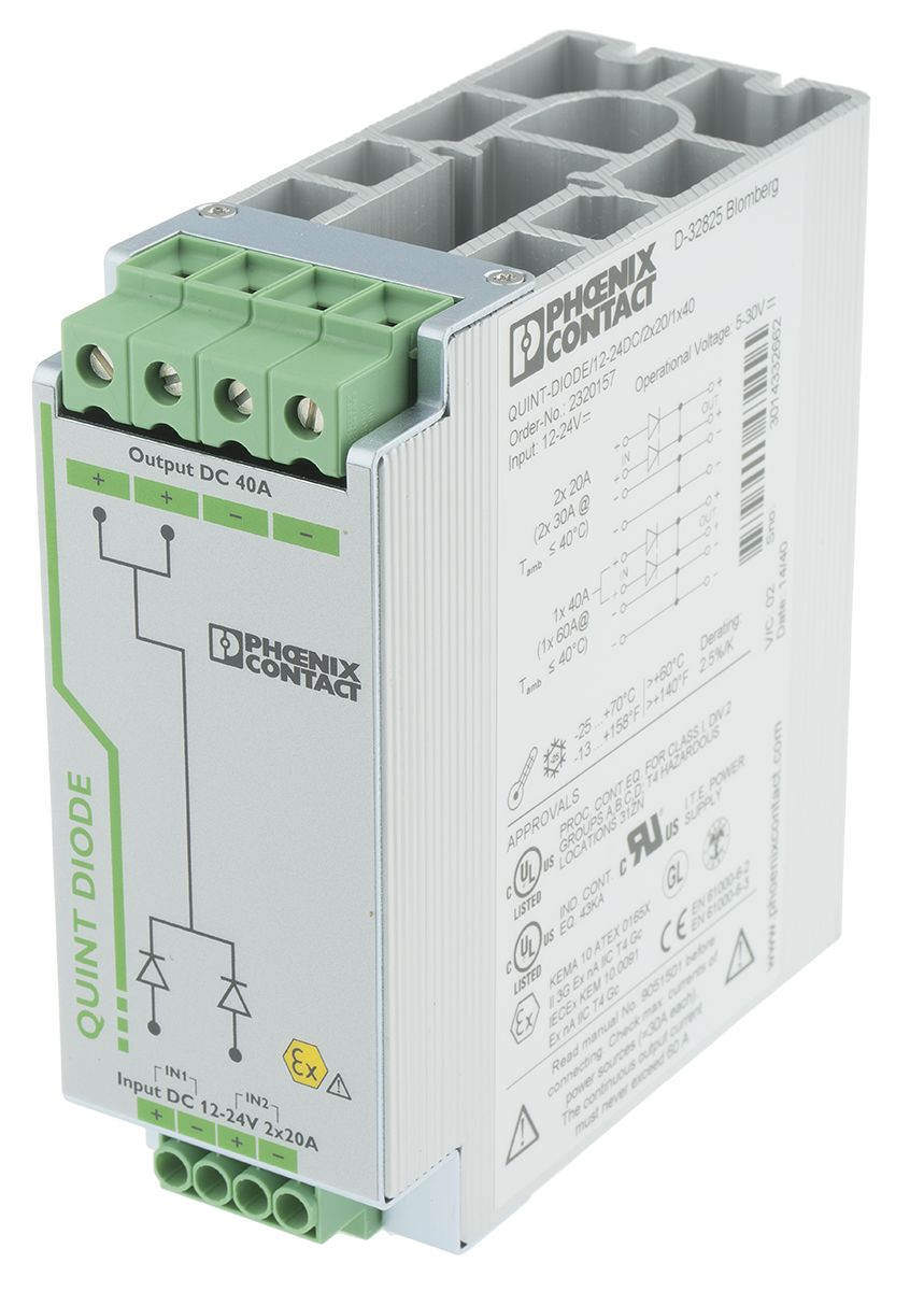 Phoenix Contact DIN Rail Diode Module, for use with DIN Rail Unit, QUINT-DIODE/12-24DC/2X20/1X40 Series