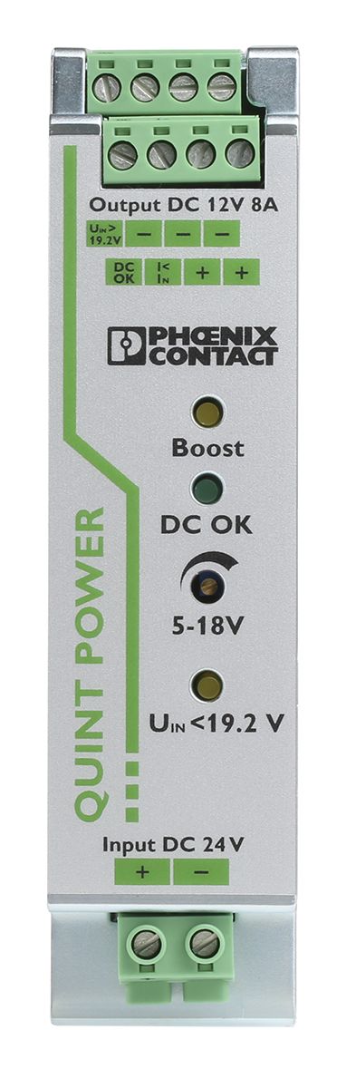 Phoenix Contact QUINT-PS/24DC/24DC/8 DC-DC Converter, 12V dc/ 8A Output, 18 → 32 V dc Input, 96W, DIN Rail Mount