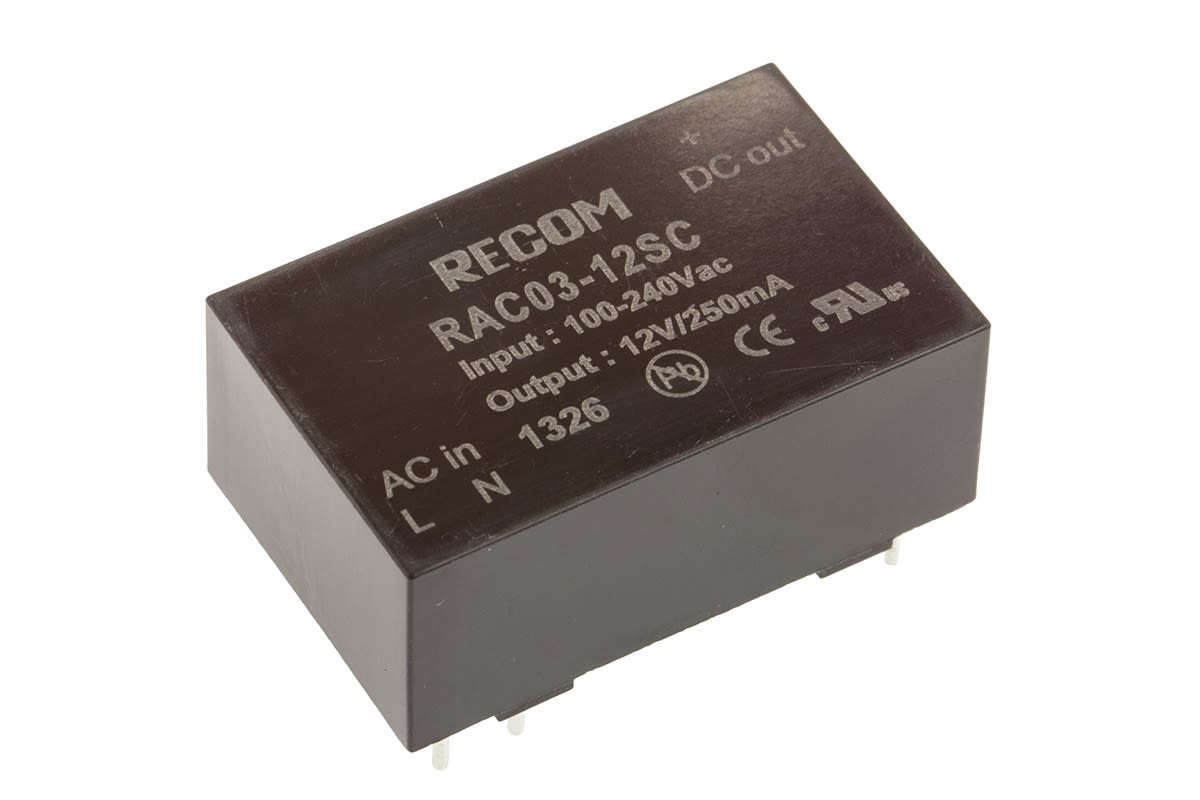 Recom Encapsulated, Switching Power Supply, 12V dc, 250mA, 3W
