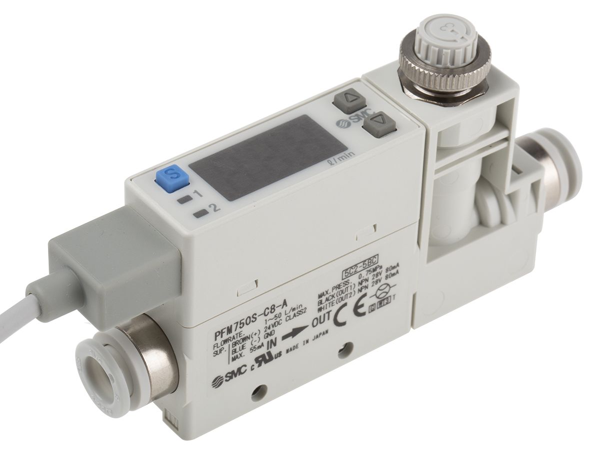 SMC PFM Series Integrated Display Flow Switch for Dry Air, Gas, 1 L/min Min, 50 L/min Max