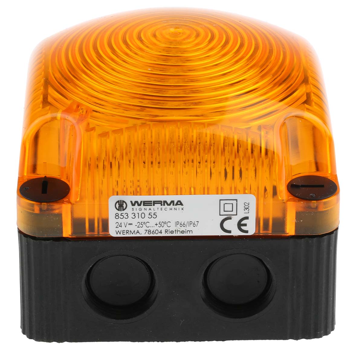 Werma BWM 853 Series Yellow Double Flashing Beacon, 24 V dc, Surface Mount, Wall Mount, LED Bulb, IP67