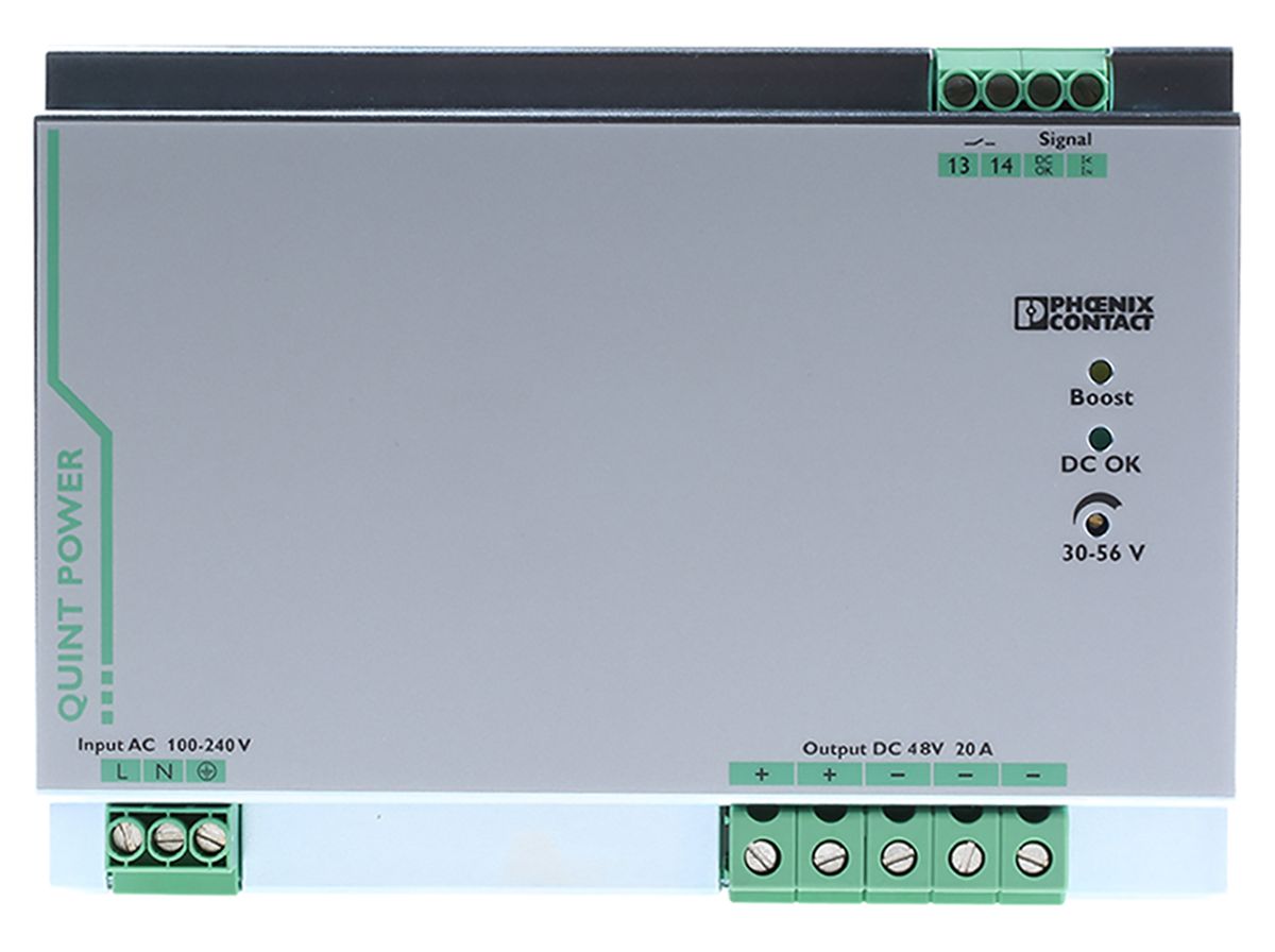 Phoenix Contact QUINT-PS/ 1AC/48DC/20 Switch Mode DIN Rail Power Supply, 85 → 264V ac ac Input, 48V dc dc