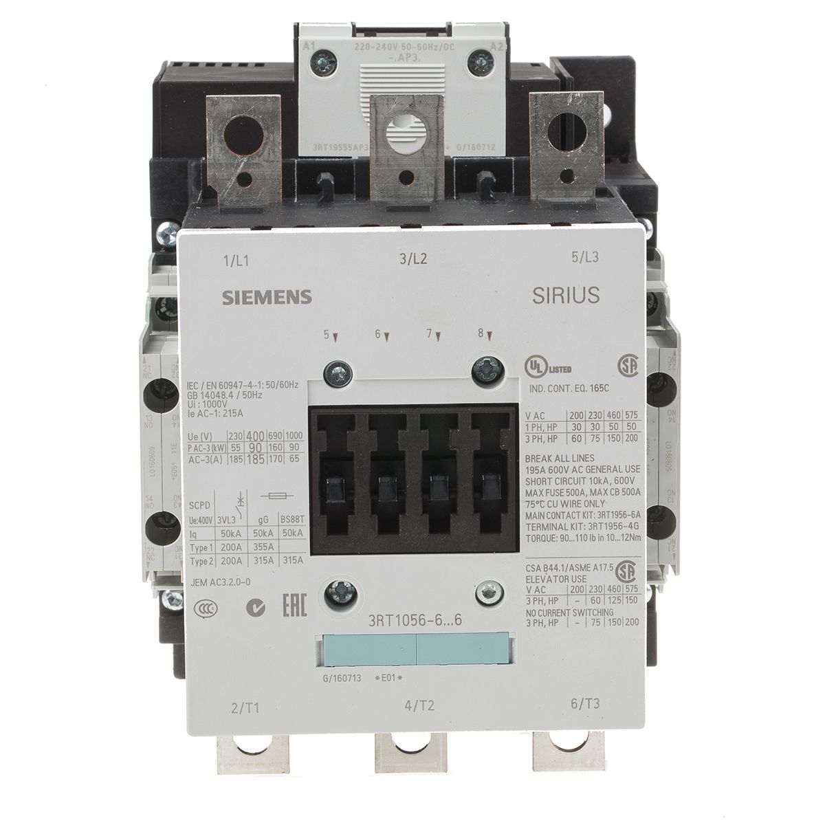 Siemens SIRIUS Classic 3RT1 Contactor, 230 V ac Coil, 3 Pole, 185 A, 90 kW, 3NO