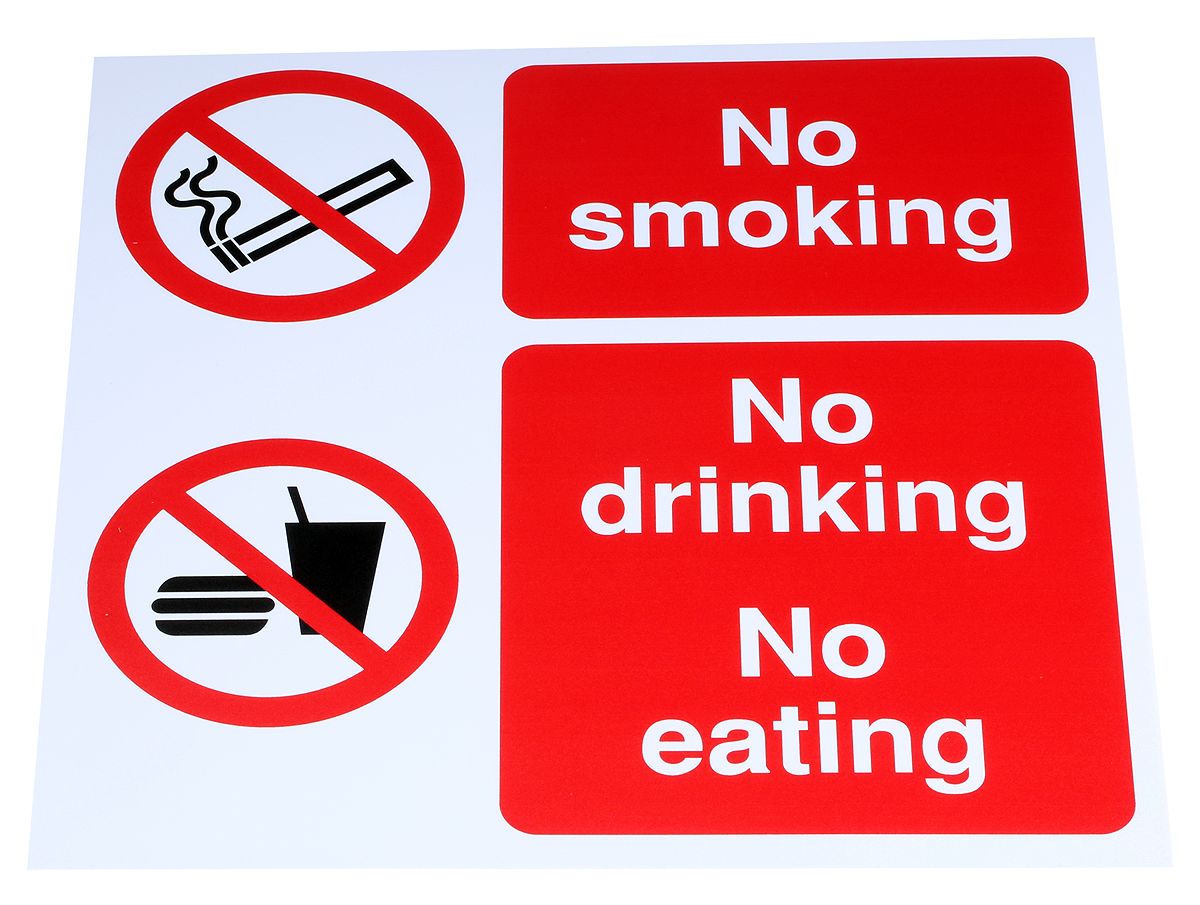 PP No Smoking Prohibition Sign, No Eating, No Smoking, English