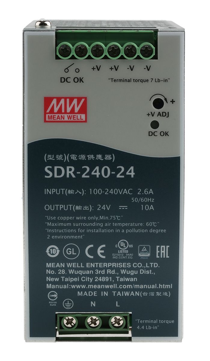 Mean Well SDR, 1-Phasen DIN-Schienen Netzteil 240W, 88 → 264V ac, 24V dc / 10A