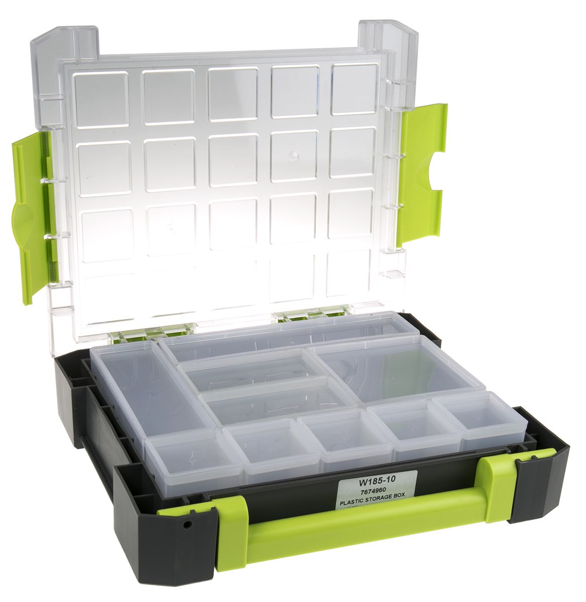 RS PRO 10 Cell Transparent, Grey, Green PP Compartment Box, 325mm x 275mm x 70mm