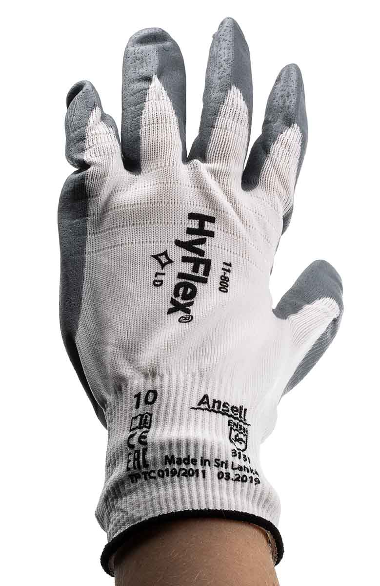 Ansell HyFlex 11-800 Grey Mechanic Work Gloves, Size 10, XL, Nylon Lining, Nitrile Coating