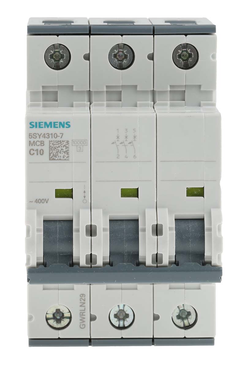Siemens Sentron 5SY4 MCB, 3P Poles, 10A Curve C, 400V AC, 10 kA Breaking Capacity, MCB