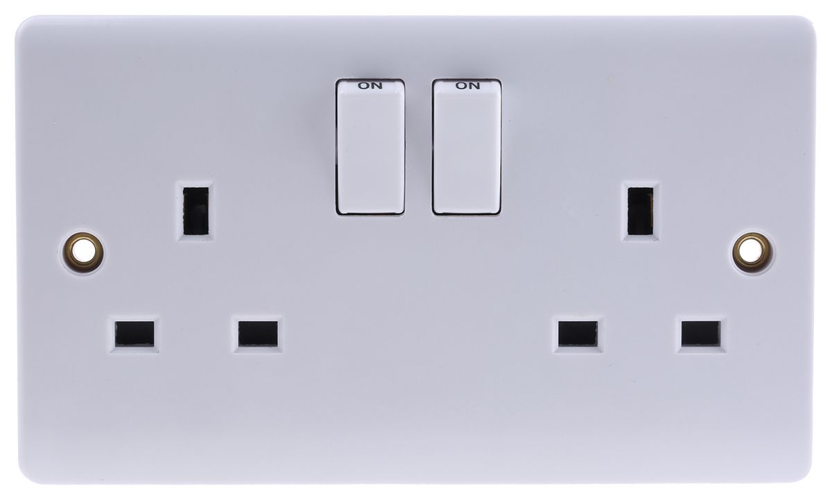 RS PRO White 2 Gang Plug Socket, 2 Poles, 13A, Type G - British, Indoor Use