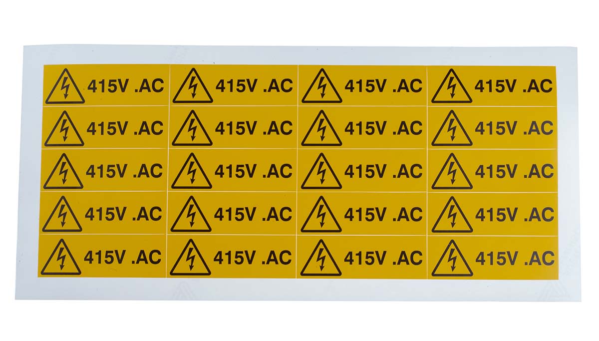 RS PRO Black/Yellow Vinyl Safety Labels, 415V AC-Text 20 mm x 60mm
