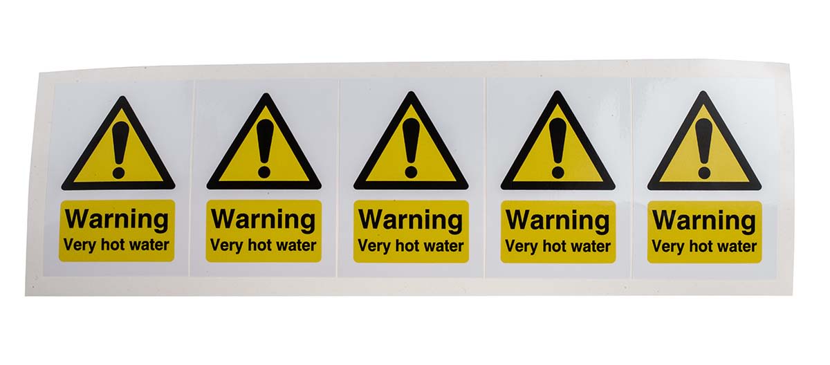 RS PRO Black/White/Yellow Vinyl Safety Labels, Warning Very Hot Water-Text 70 mm x 50mm