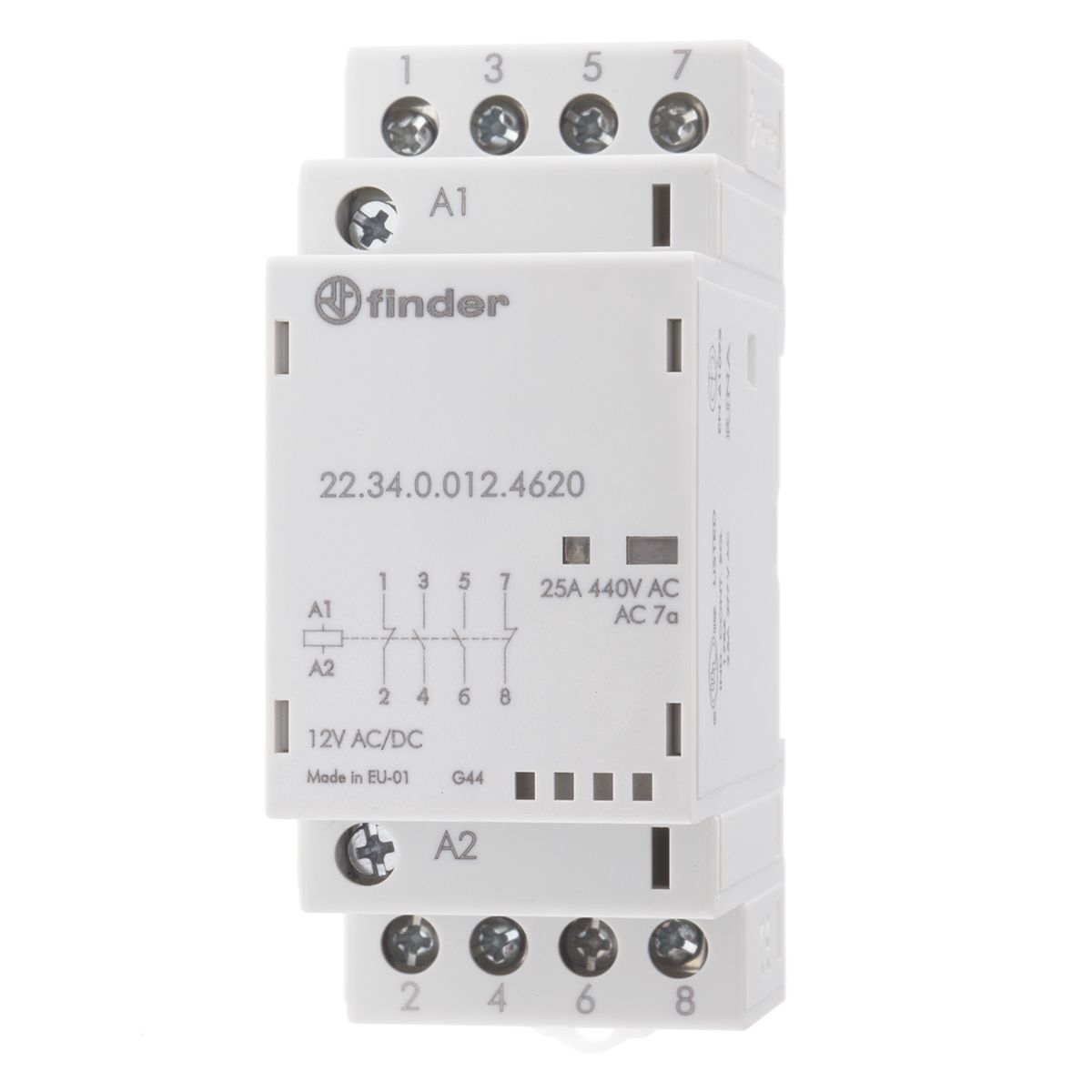 Finder 22 Series Contactor, 12 V dc Coil, 4 Pole, 25 A, 4 kW, 2NO + 2NC