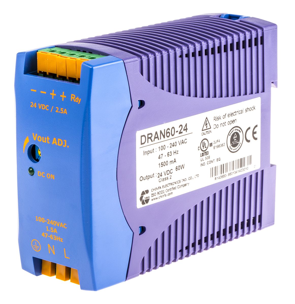 Chinfa DRAN60 Switch Mode DIN Rail Power Supply 85 → 264V ac Input, 24V dc Output, 2.5A 60W