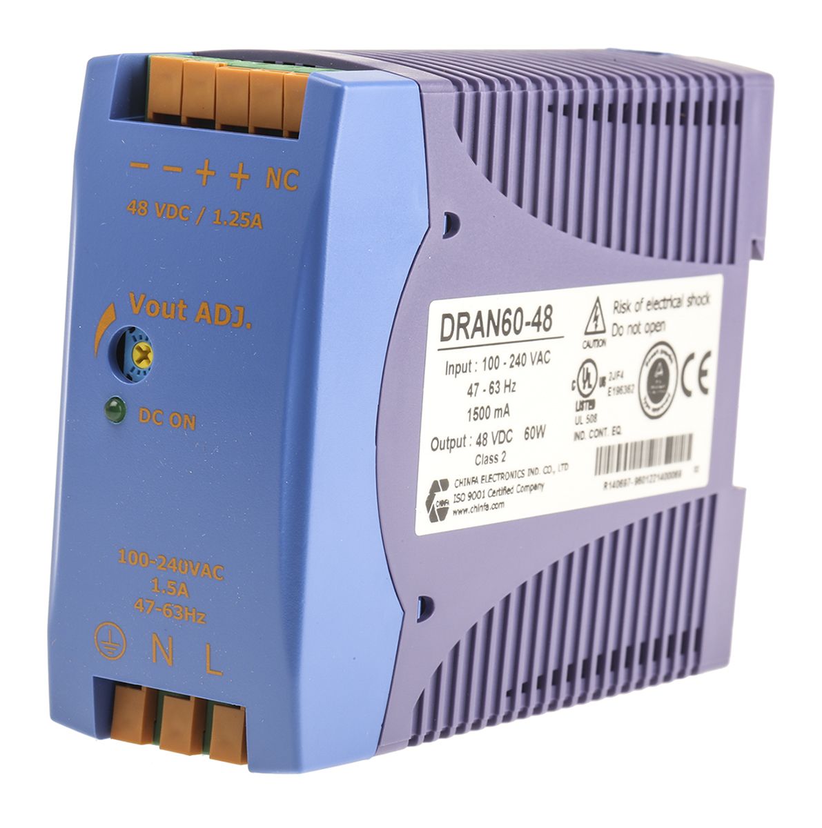 Chinfa DRAN60 Switch Mode DIN Rail Power Supply, 85 → 264V ac ac Input, 48V dc dc Output, 1.25A Output, 60W