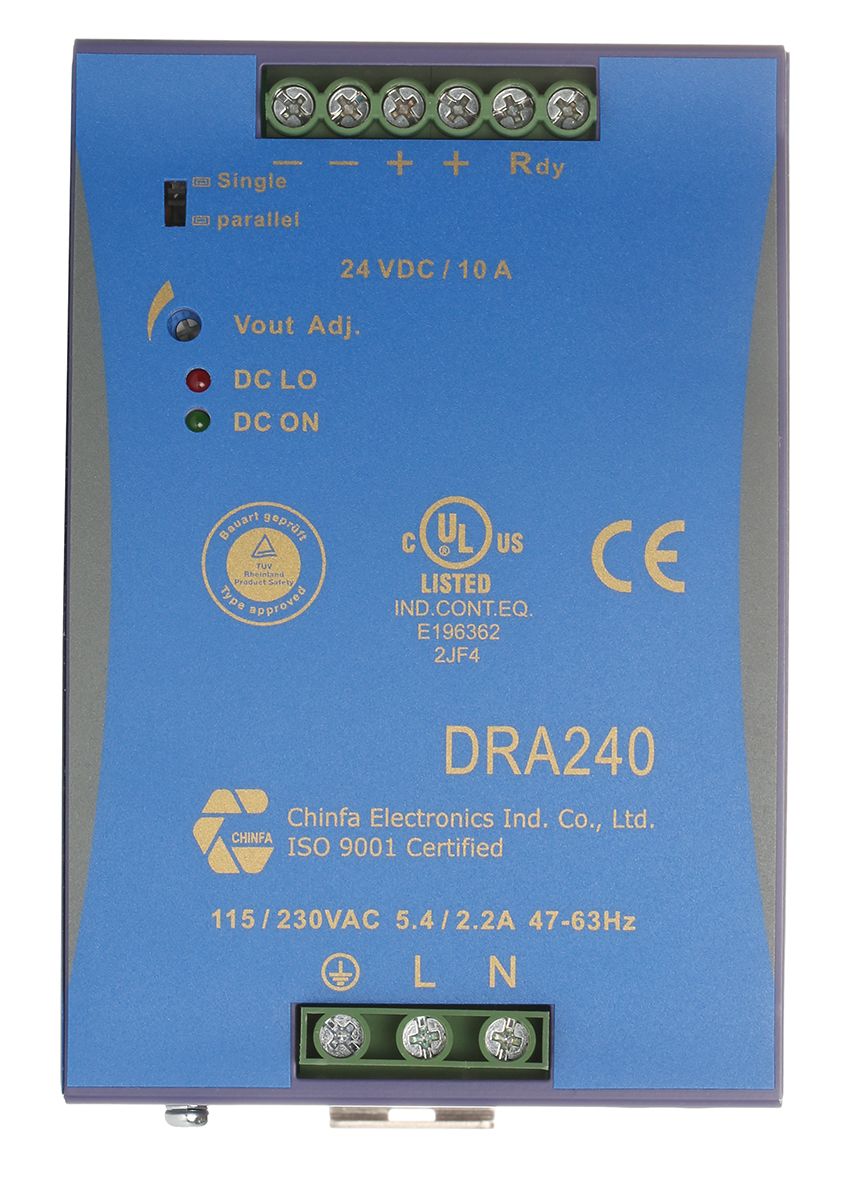 Chinfa DRA240 Switch Mode DIN Rail Power Supply 90 → 264V ac Input, 24V dc Output, 10A 240W