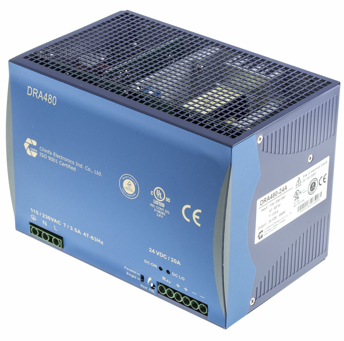 Chinfa DRA480 DIN Rail Power Supply 90 → 264V ac Input, 24V dc Output, 20A 480W