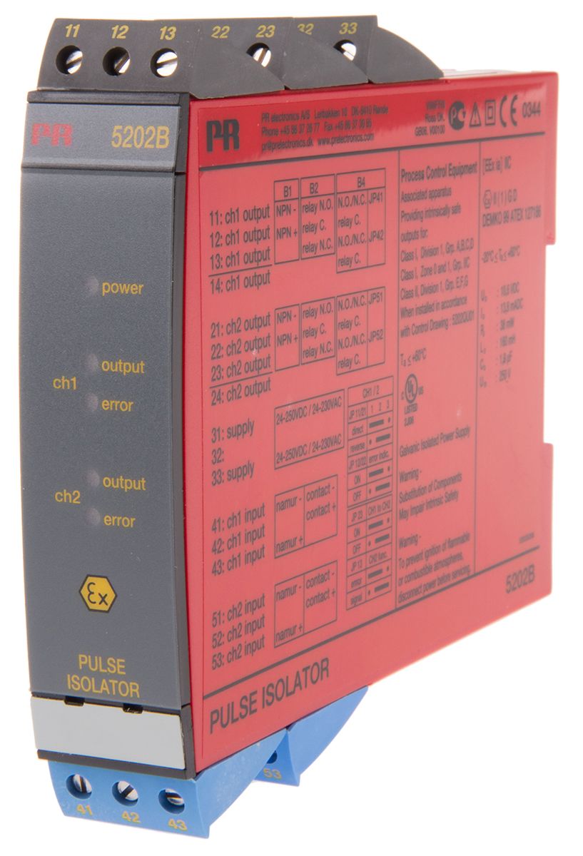 PR Electronics 2 Channel Galvanic Barrier, Pulse Isolator, NAMUR Sensor, Switch Input, NPN, Relay Output, ATEX