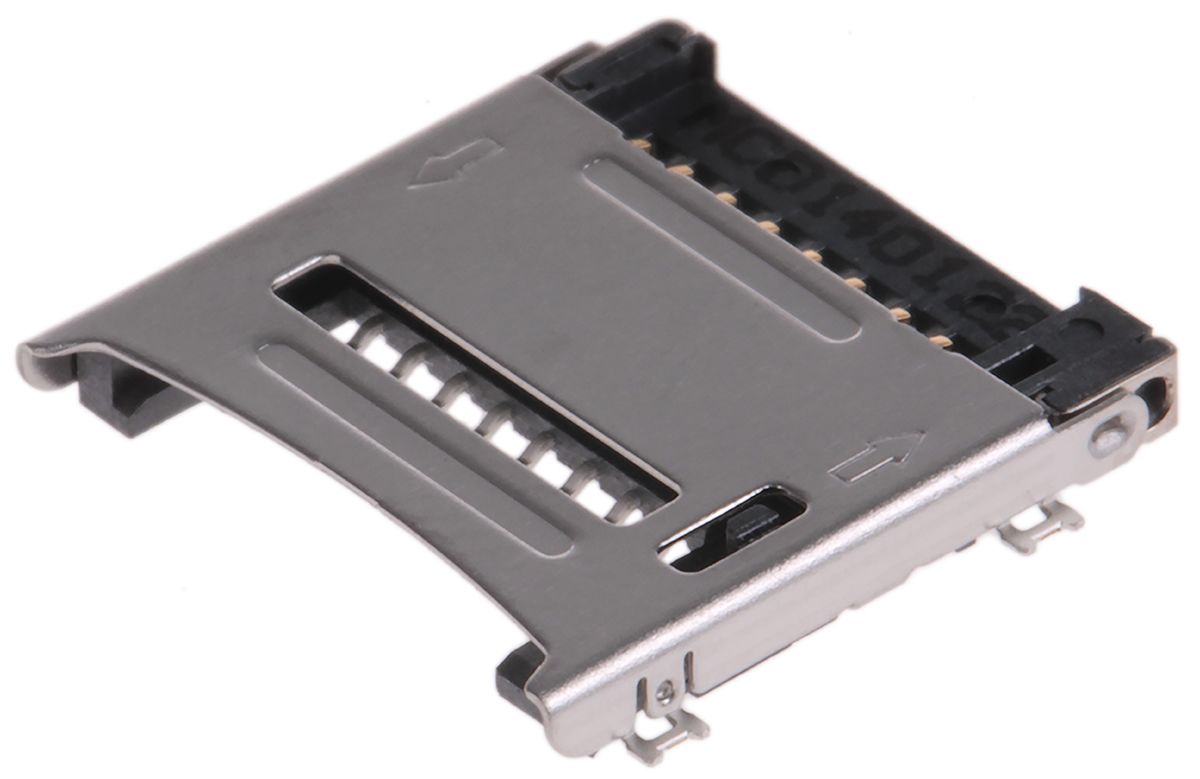 Conector para tarjeta de memoria MicroSD Molex de 8 contactos, paso 1.1mm, montaje superficial, Cubierta con bisagras