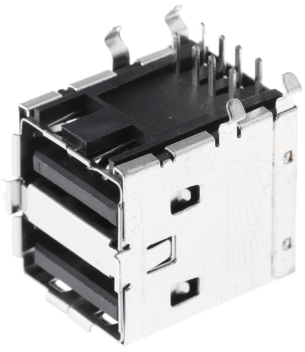 Conector USB Molex 67298-3090, Hembra, 2 puertos, Ángulo de 90° , Orificio Pasante, 30,0 V., 1.5A 67298