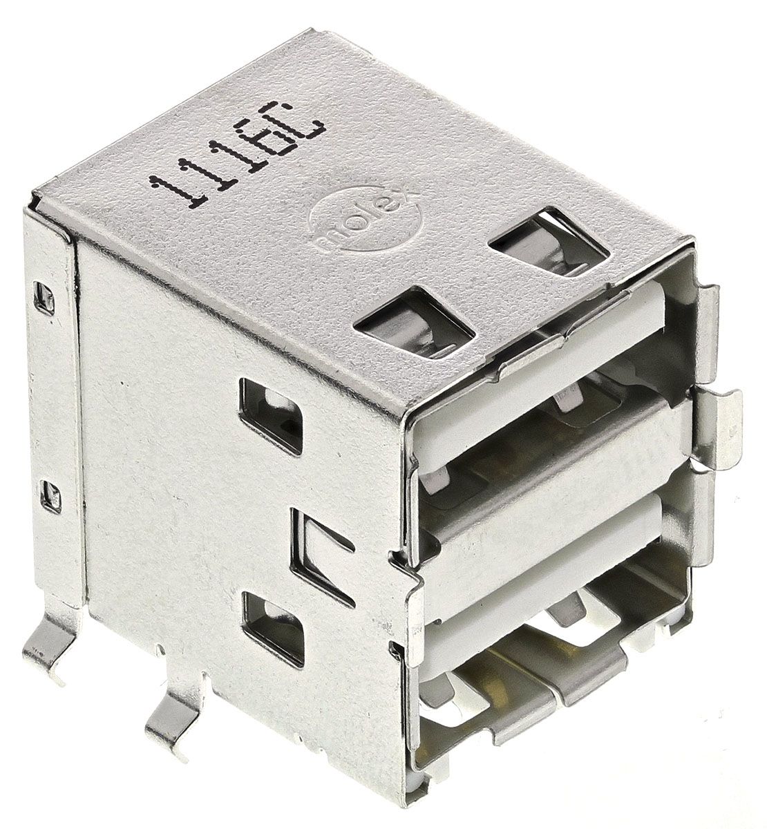 Conector USB Molex 67298-4090, Hembra, 2 puertos, Ángulo de 90° , Orificio Pasante, 30,0 V., 1.5A 67298