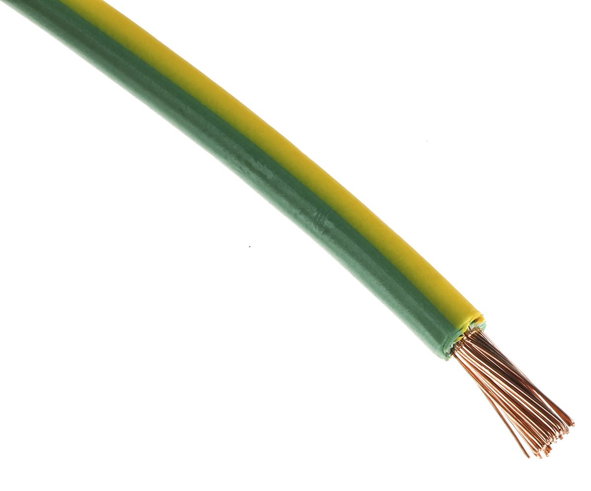 RS PRO Green/Yellow 6 mm² Tri-rated Cable, 10 AWG, 78/0.295mm, 100m, PVC Insulation