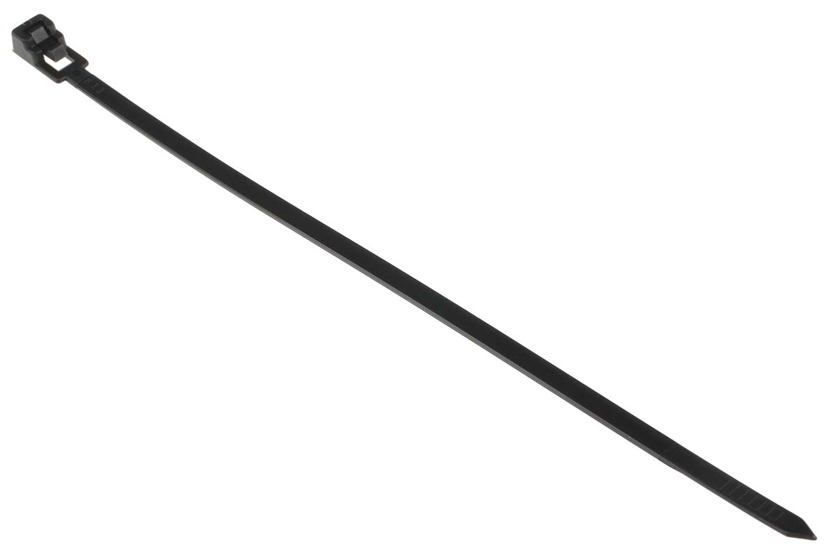 RS PRO Black Nylon Releasable Cable Tie, 200mm x 4.5 mm