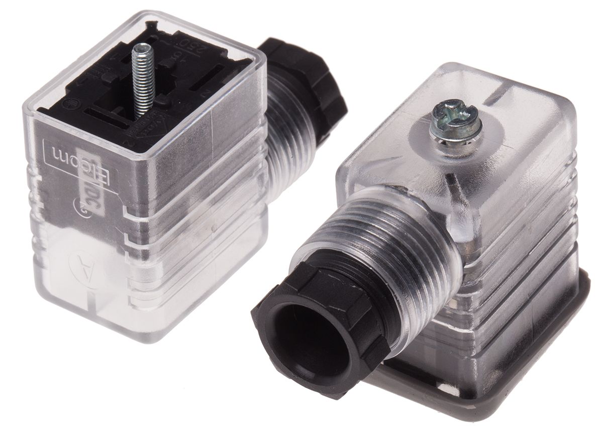 RS PRO 2P+E DIN 43650 B, Female Solenoid Valve Connector with Indicator Light, 110 V dc Voltage