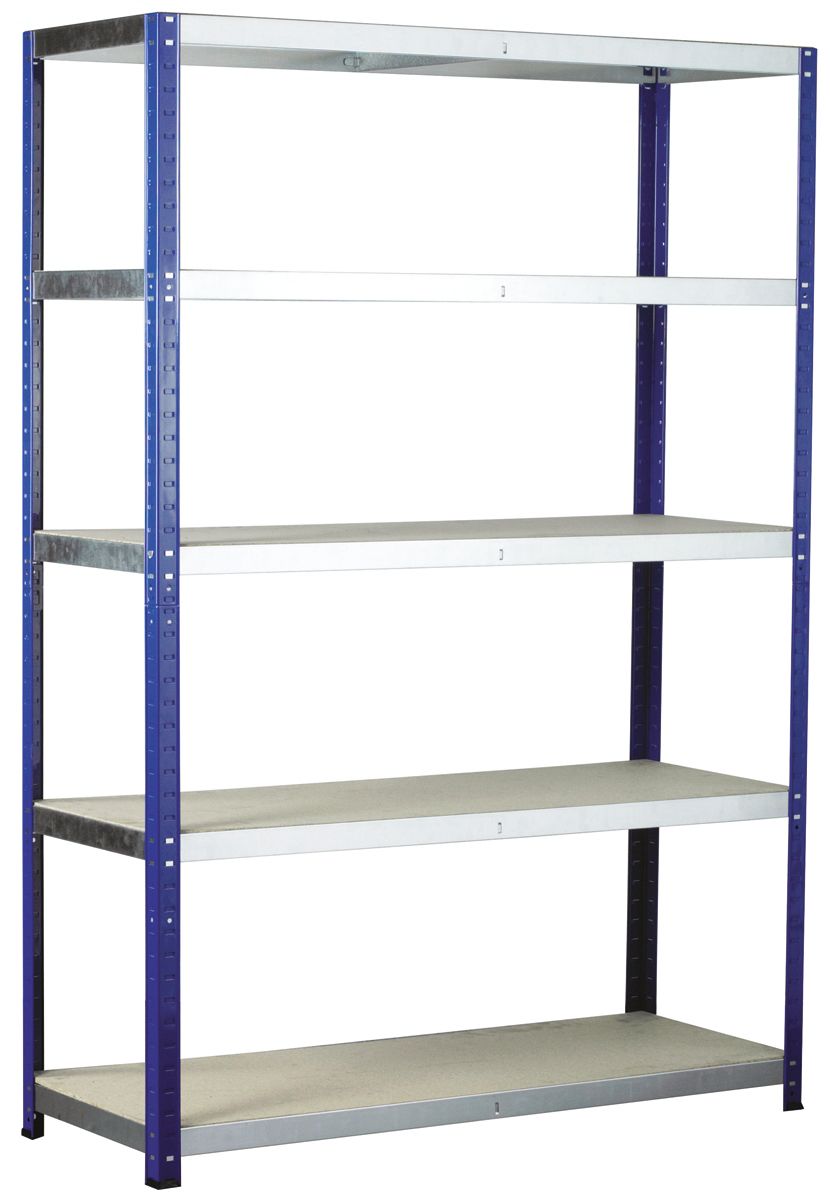 RS PRO Blue 5 Shelf Chipboard, Galvanised Steel Eco-Rax Free Standing Shelves, 1800mm x 900mm x 600mm, 265kg Load