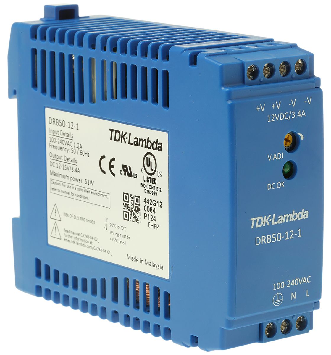 TDK-Lambda DRB Switch Mode DIN Rail Power Supply, 85 → 264V ac ac Input, 12V dc dc Output, 3.4A Output, 50W