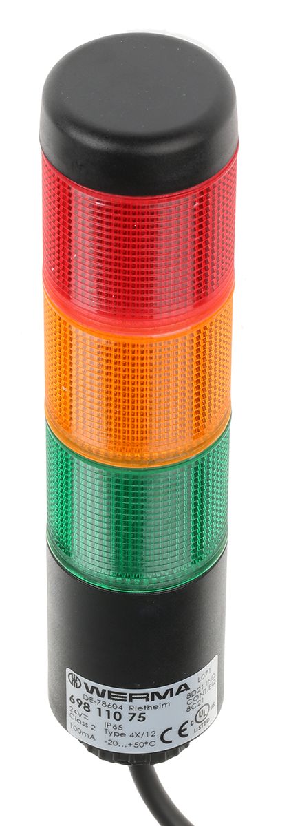 Werma Kompakt Series Red/Green/Yellow Signal Tower, 3 Lights, 24 V, Base Mount