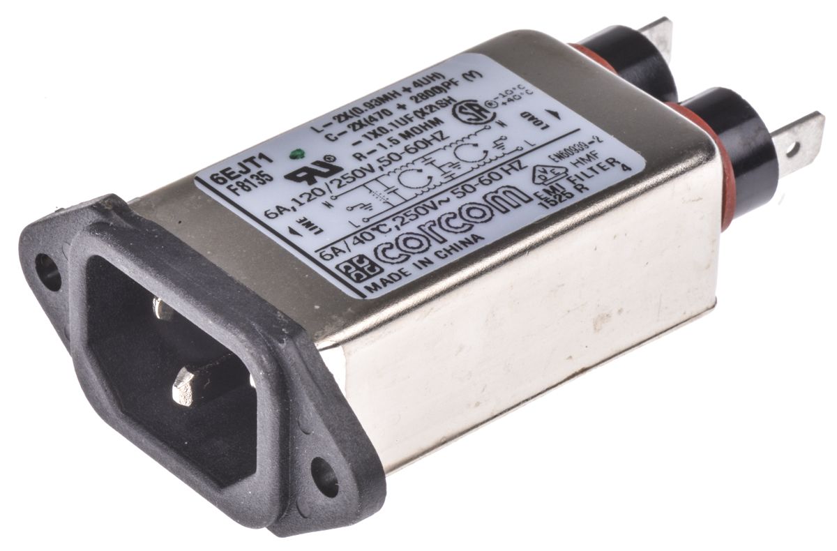 TE Connectivity C14  IEC Filter Stecker , 250 V ac / 6A, Tafelmontage / Kabelschuh-Anschluss