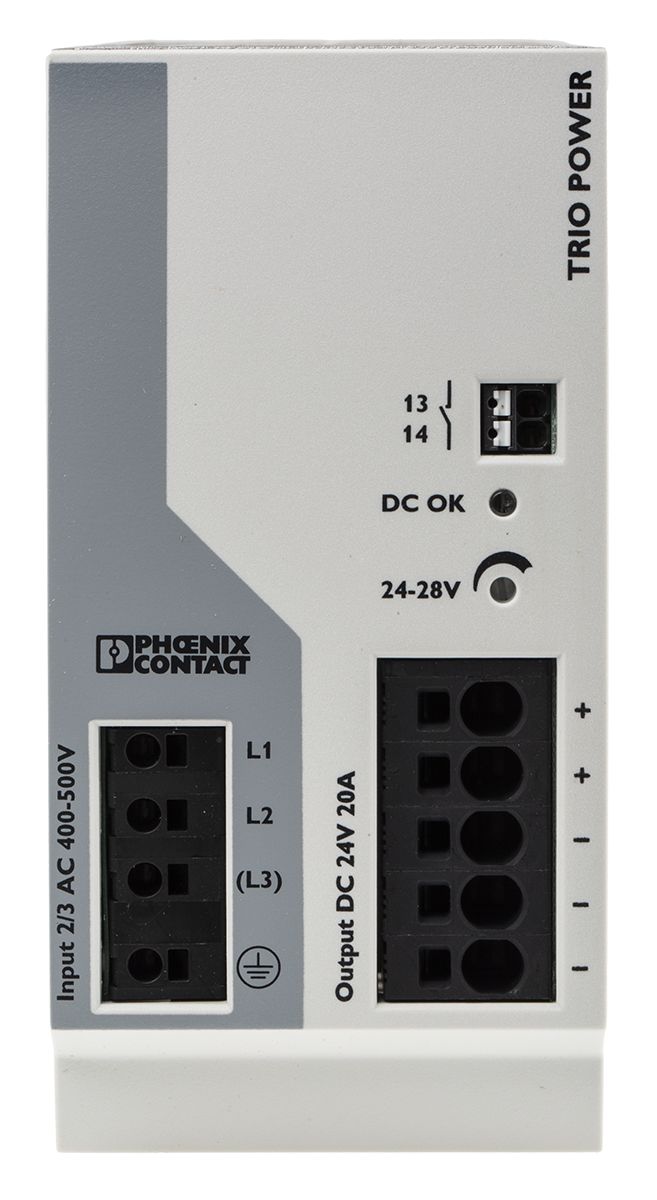 Phoenix Contact TRIO-PS-2G/3AC/24DC/20 Switch Mode DIN Rail Power Supply 400V ac Input, 24V dc Output, 20A 480W