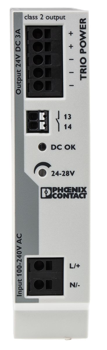 Phoenix Contact TRIO-PS-2G/1AC/24DC/3/C2LPS Switch Mode DIN Rail Power Supply 85 → 264V ac Input, 24V dc Output,