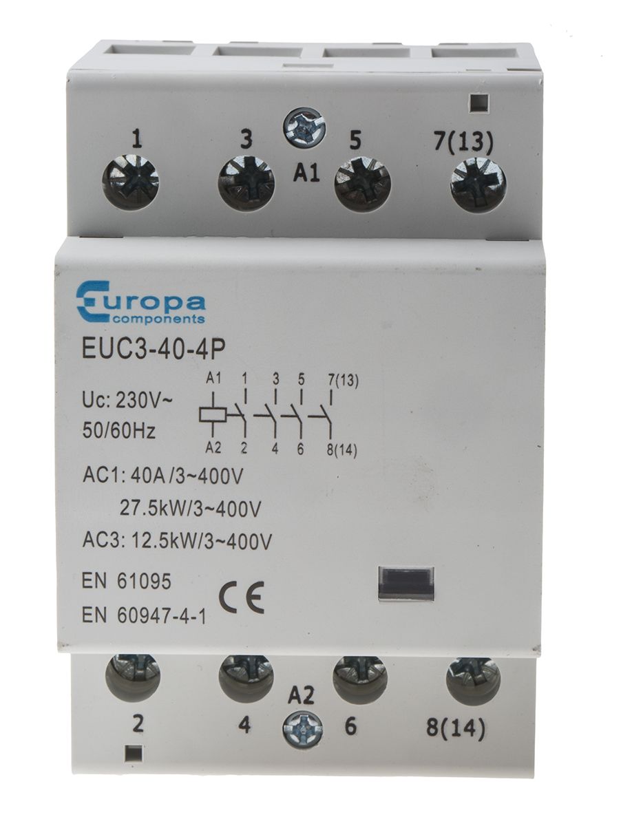 Europa Contactor, 230 V ac Coil, 4 Pole, 40 A, 12.5 kW, 4NO