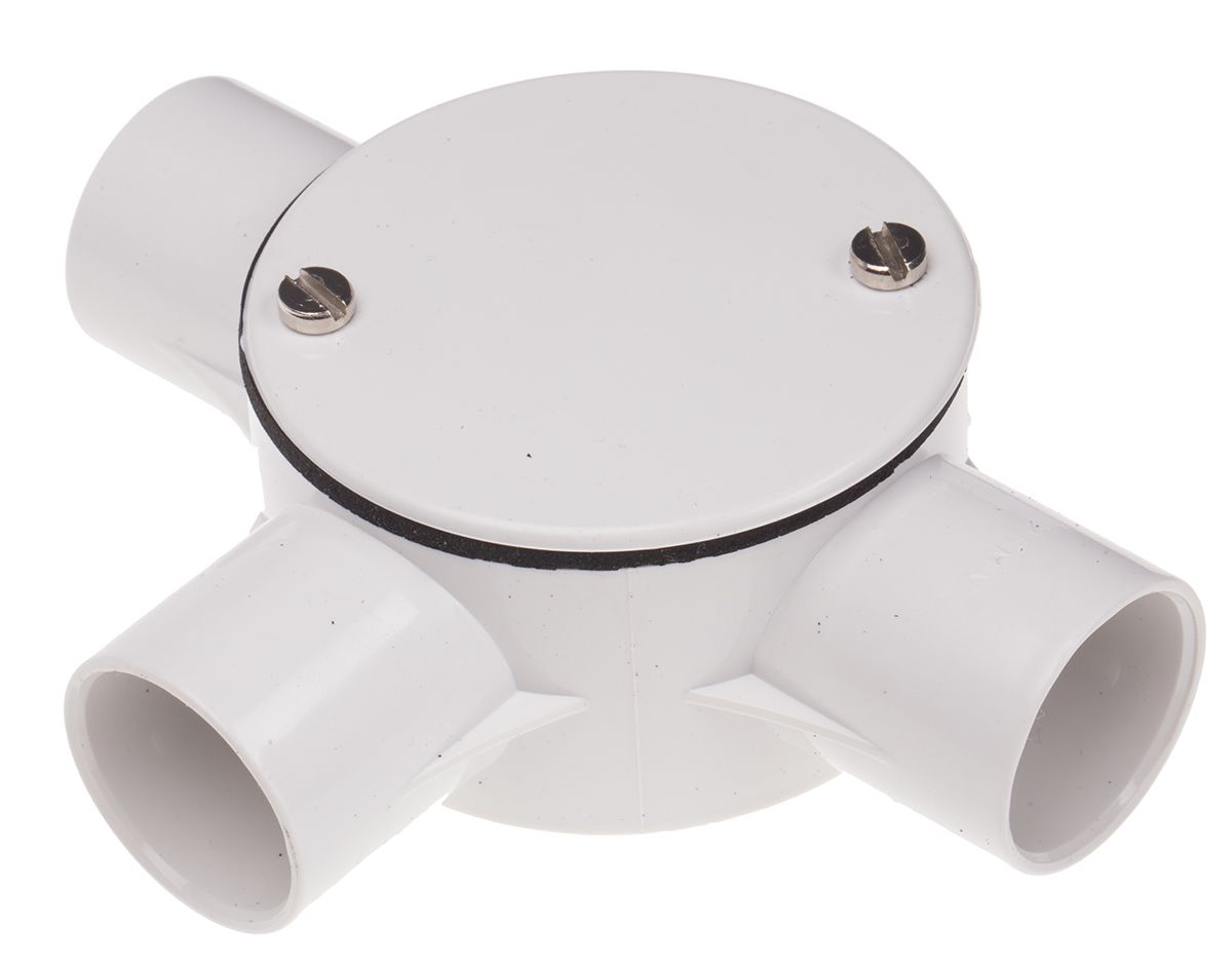RS PRO 3 Way Tee Box Conduit Fitting, White (Dia) 25mm nominal size