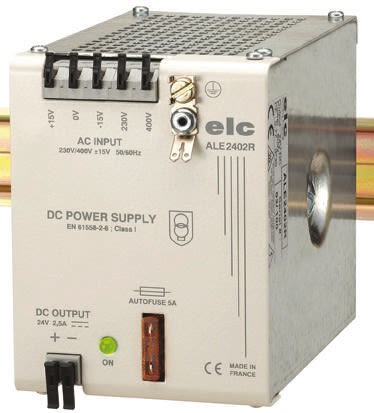 ELC ALE Linear DIN Rail Power Supply 230 → 400V ac Input, 24V dc Output, 2.5A 60W